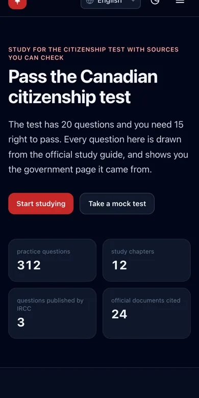 Canadian citizenship test prep on a phone